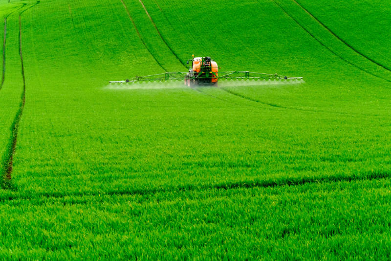 Tractor spraying the chemicals on the green field